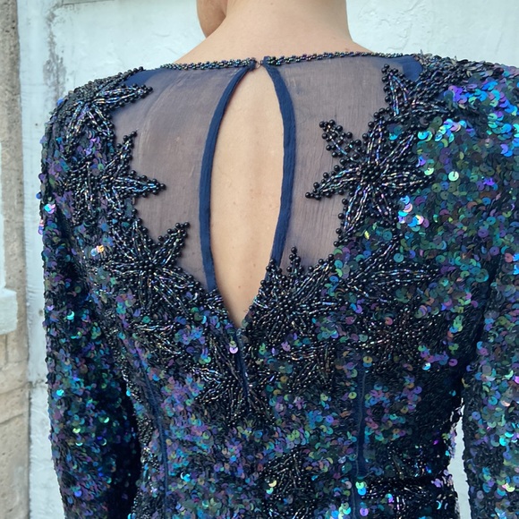 Vintage Iridescent Navy Sea Green Sequined Beaded Long Sleeve Slit Maxi Dress! - Picture 5 of 9